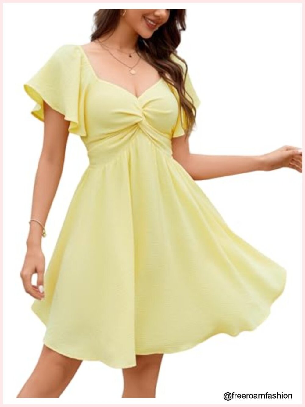 Sweetheart Knot Front Dress Flutter Sleeve Tie Back A-Line Mini Dress Chiffon - Picture 2 of 6